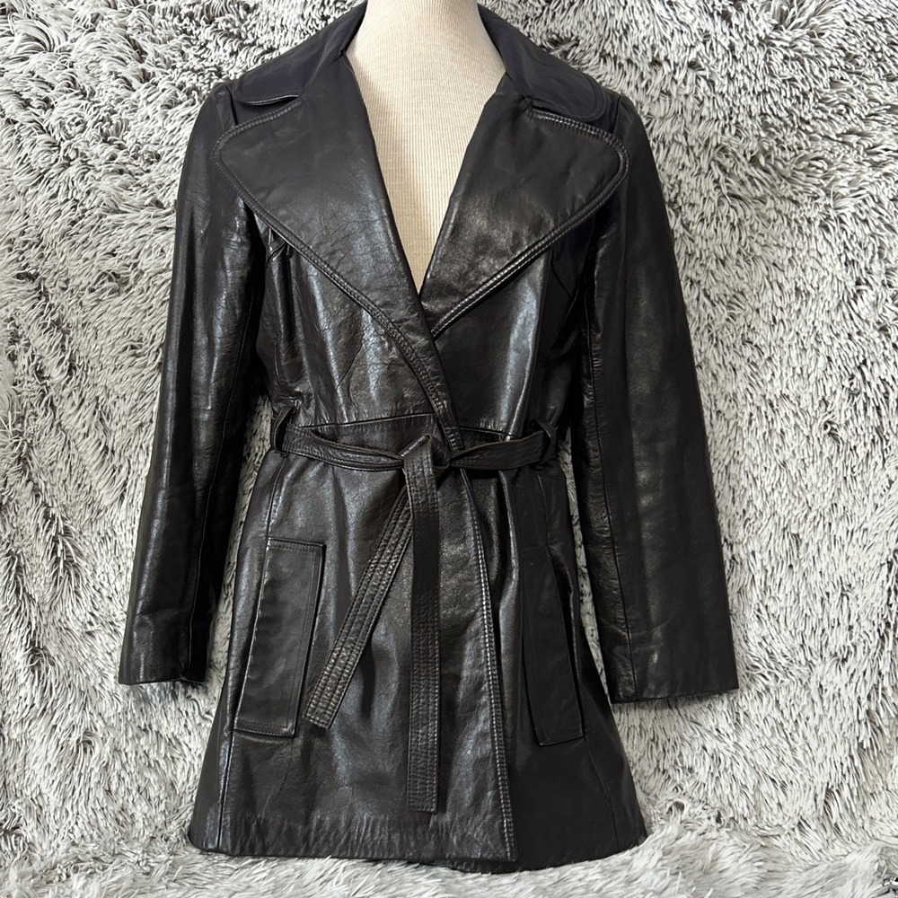 60-70s Genuine Leather Belted Mid-Length Coat Sleek Boho Rebel Rockstar Vtg Sz 8